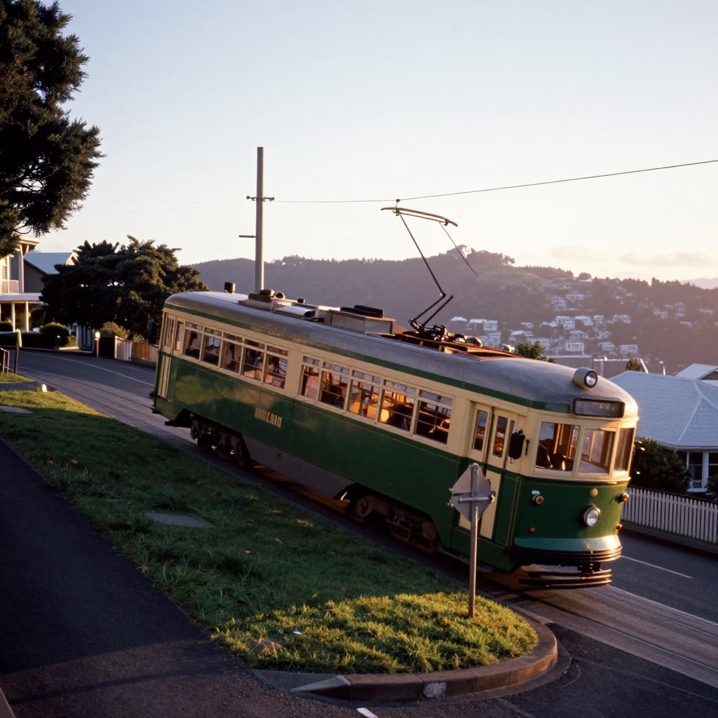 Tram Climbing Steep Hill After Sunrise just after sunrise in Wellington in in Wellington, New Zealand