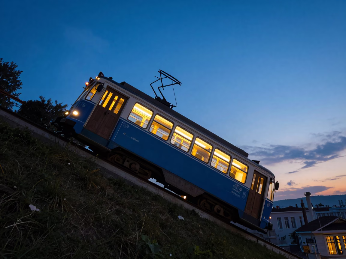 Tram Climbing Steep Hill in Izmir at Indigo Twilight After Sunset in in Izmir, Turkey