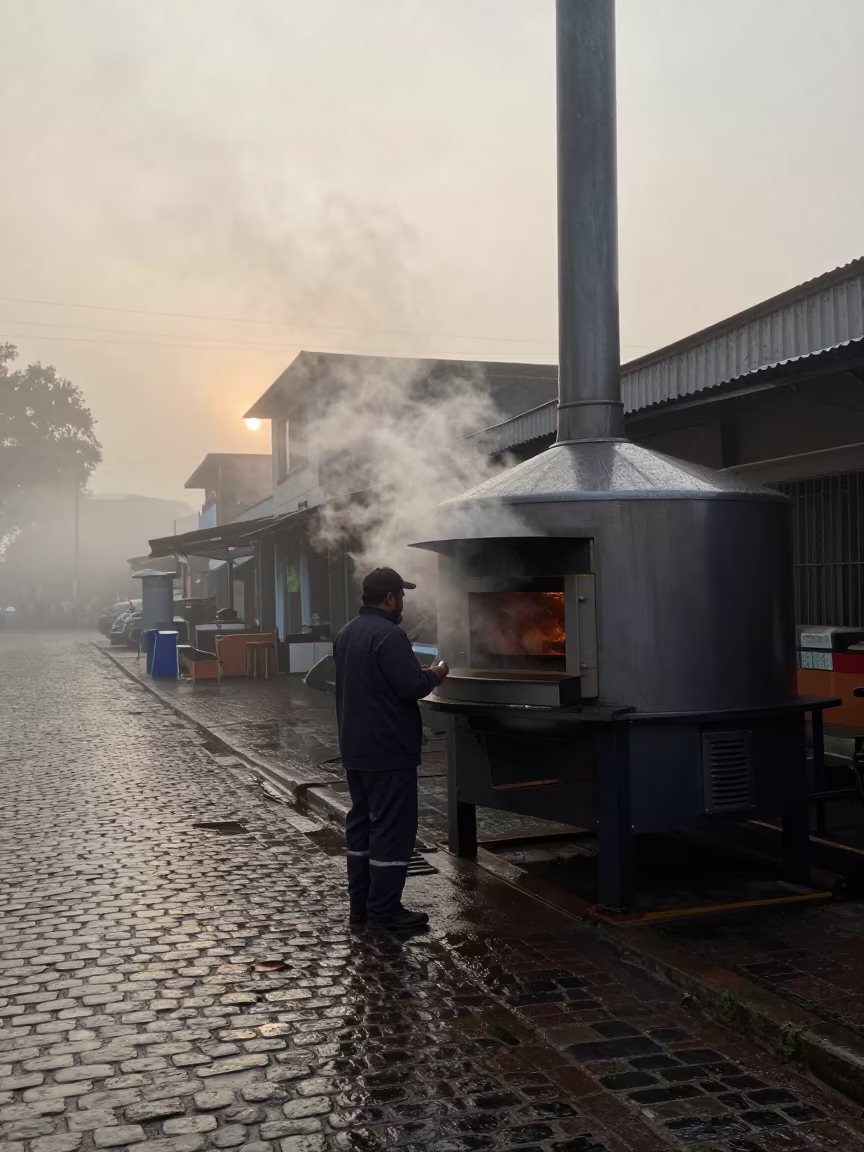 Tram Conductor Near Bakery Oven in Huacho Dawn Mist in along a market lane in Huacho