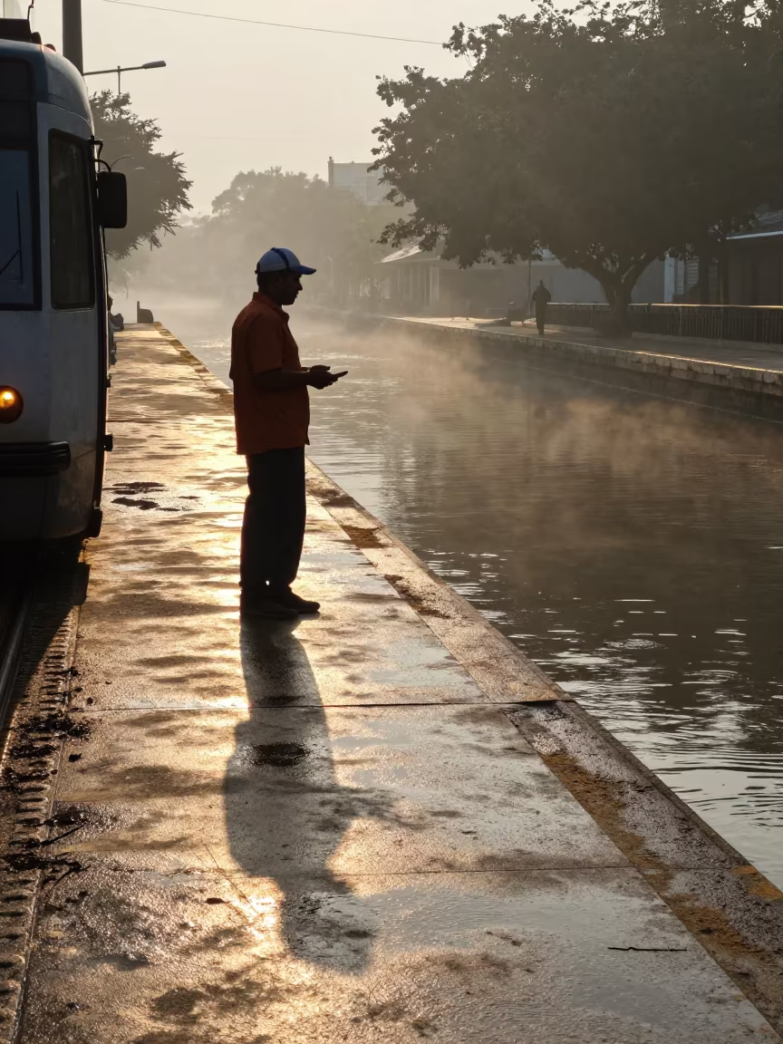 Tram Conductor in Morning Shadow Maracaibo Canal in beside a canal in Maracaibo