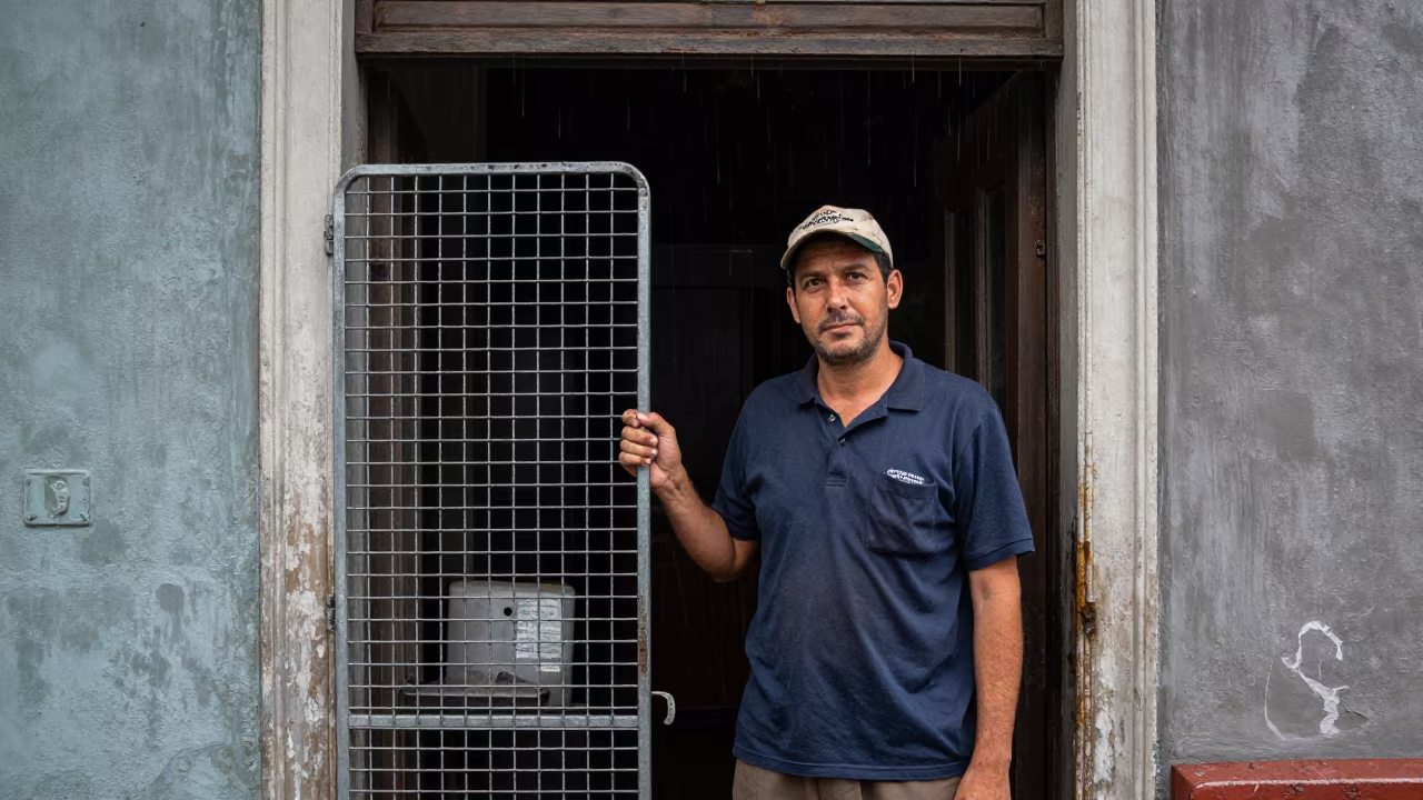 Tram Driver in French Quarter Rain Before Dawn in against a weathered doorway near French Quarter, New Orleans