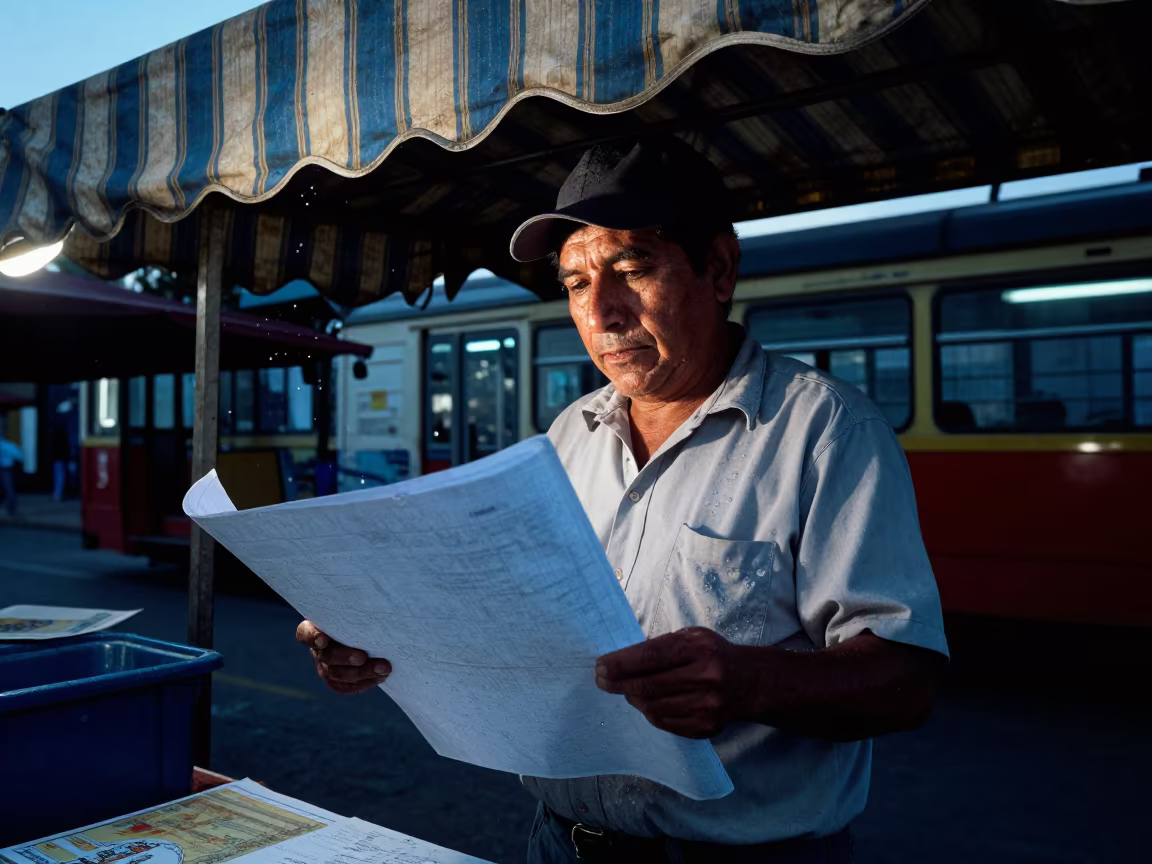 Tram Driver Portrait Under Market Awning in under a striped market awning near Tijuana