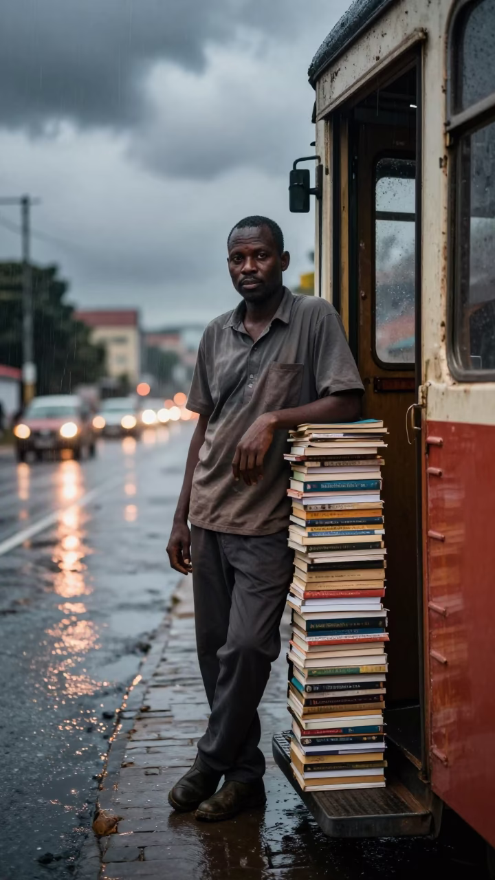 Tram Driver Portrait Siguiri Rainy Season in against a weathered doorway near Siguiri