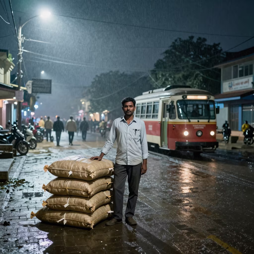 Tram Driver Portrait in Silvery Winter Light in at the edge of a village square near Jabalpur