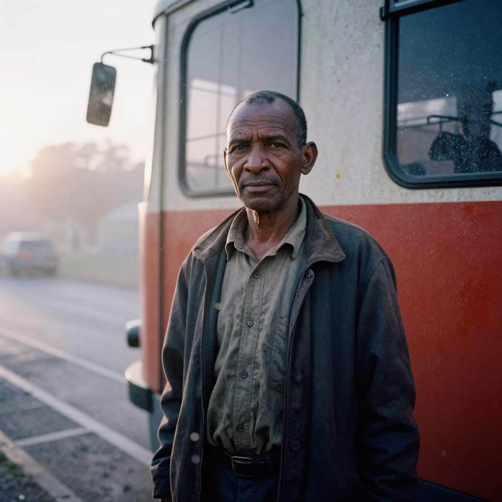 Tram Driver Portrait in Windhoek Mist in against a sun-bleached plaster wall near Windhoek