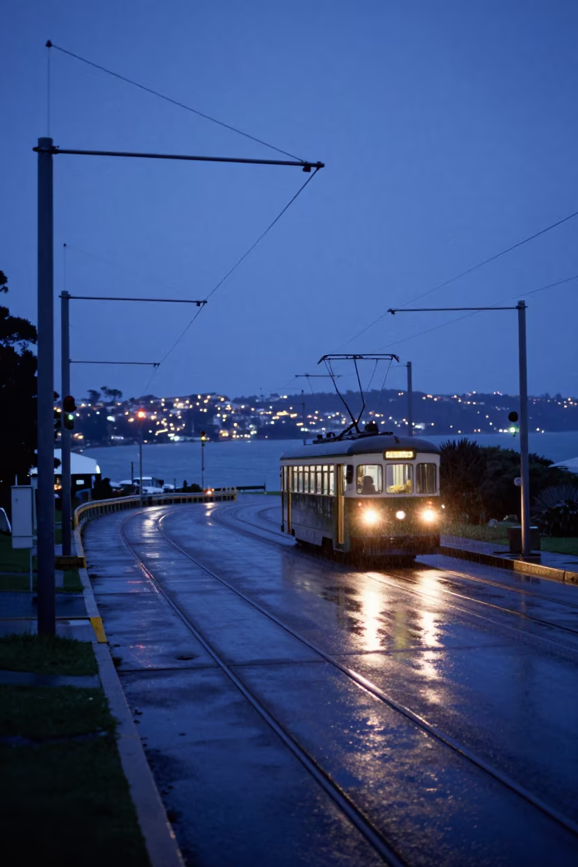 Tram on Harbor Channel at Twilight Blue Hour in along a switchback approach in Australia