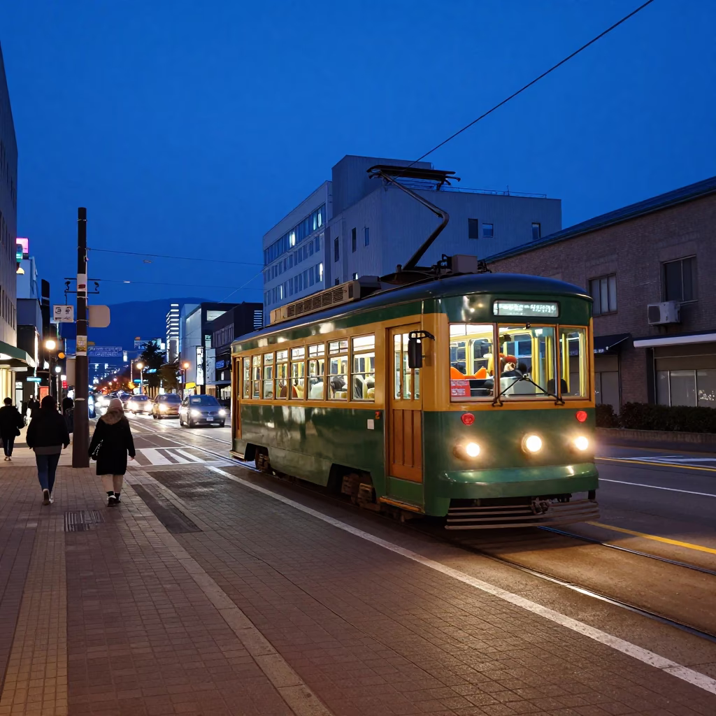 Tram in Sapporo at The Last Blue Light Of Evening in in Sapporo, Japan