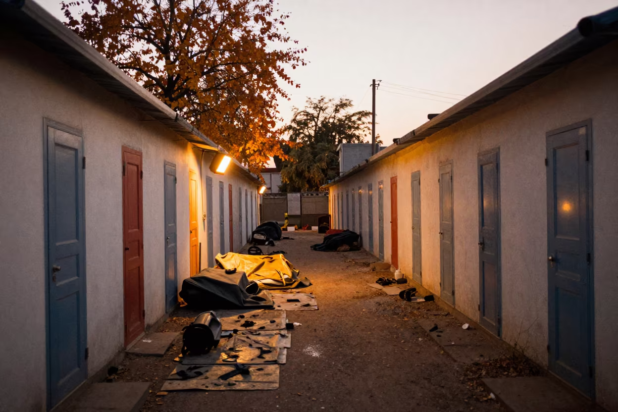 Tram parts on tarps under impossible corridor doors in near Sheikhupura