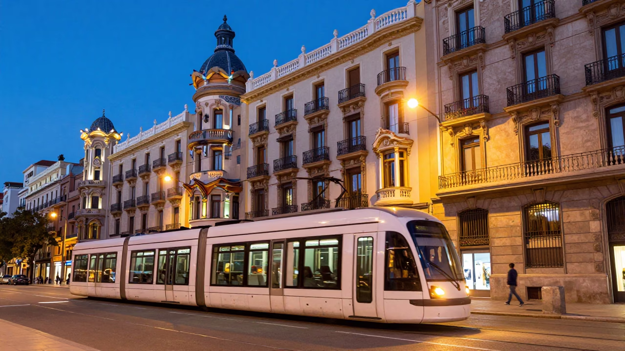 Tram Passing Valencia Art Nouveau Facades in Indigo Twilight in in Valencia, Spain