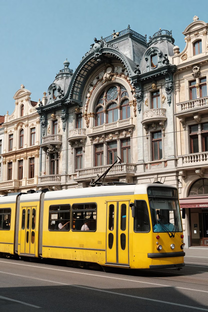 Tram Rattling Past Art Nouveau Facades in Brussels Belgium Midday Sunlight in in Brussels, Belgium