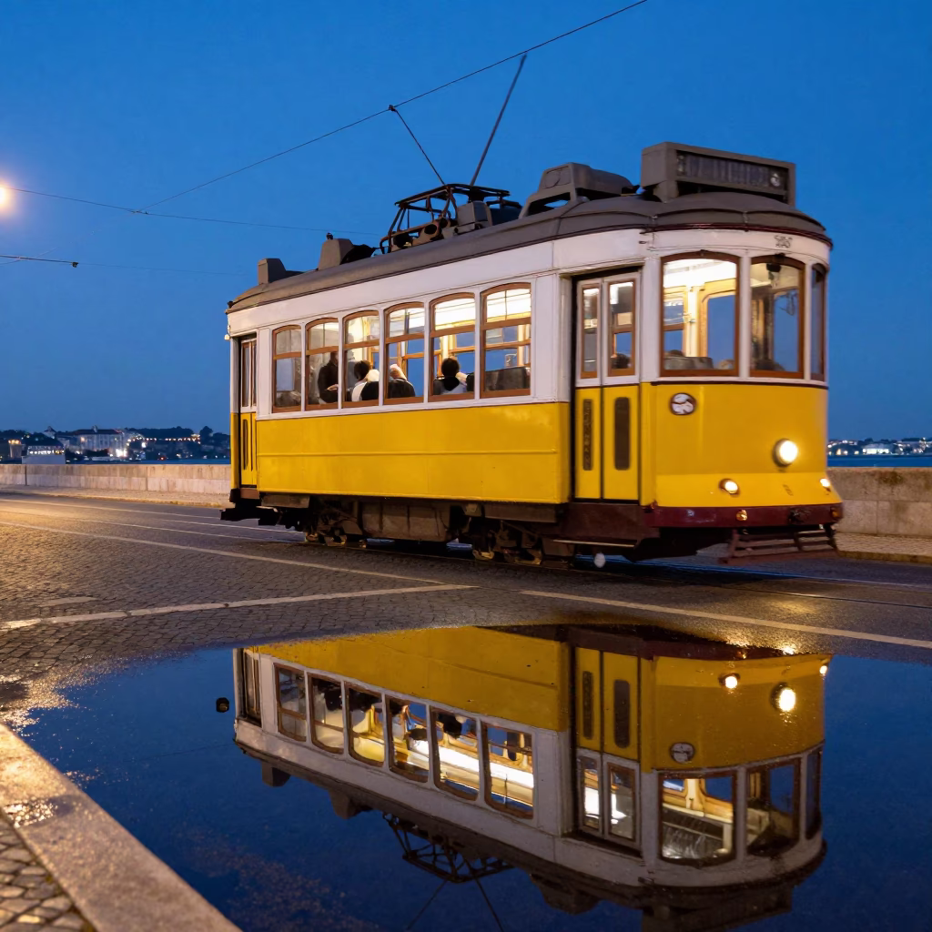 Tram Reflection at Blue Hour in Lisbon in in Lisbon, Portugal