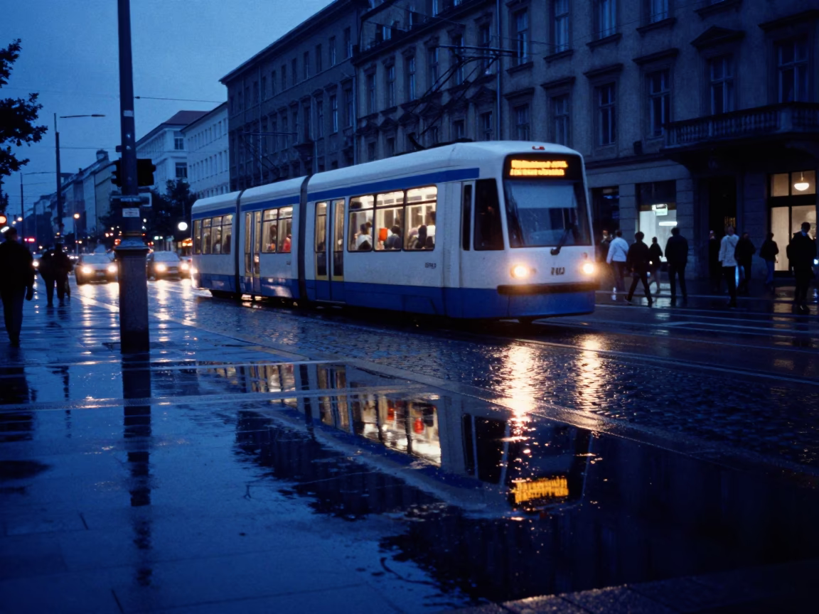 Tram Reflection at The Last Blue Light Of Evening in Berlin in in Berlin, Germany