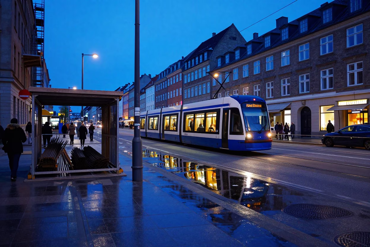 Tram Reflection in Copenhagen at The Last Blue Light Of Evening in in Copenhagen, Denmark