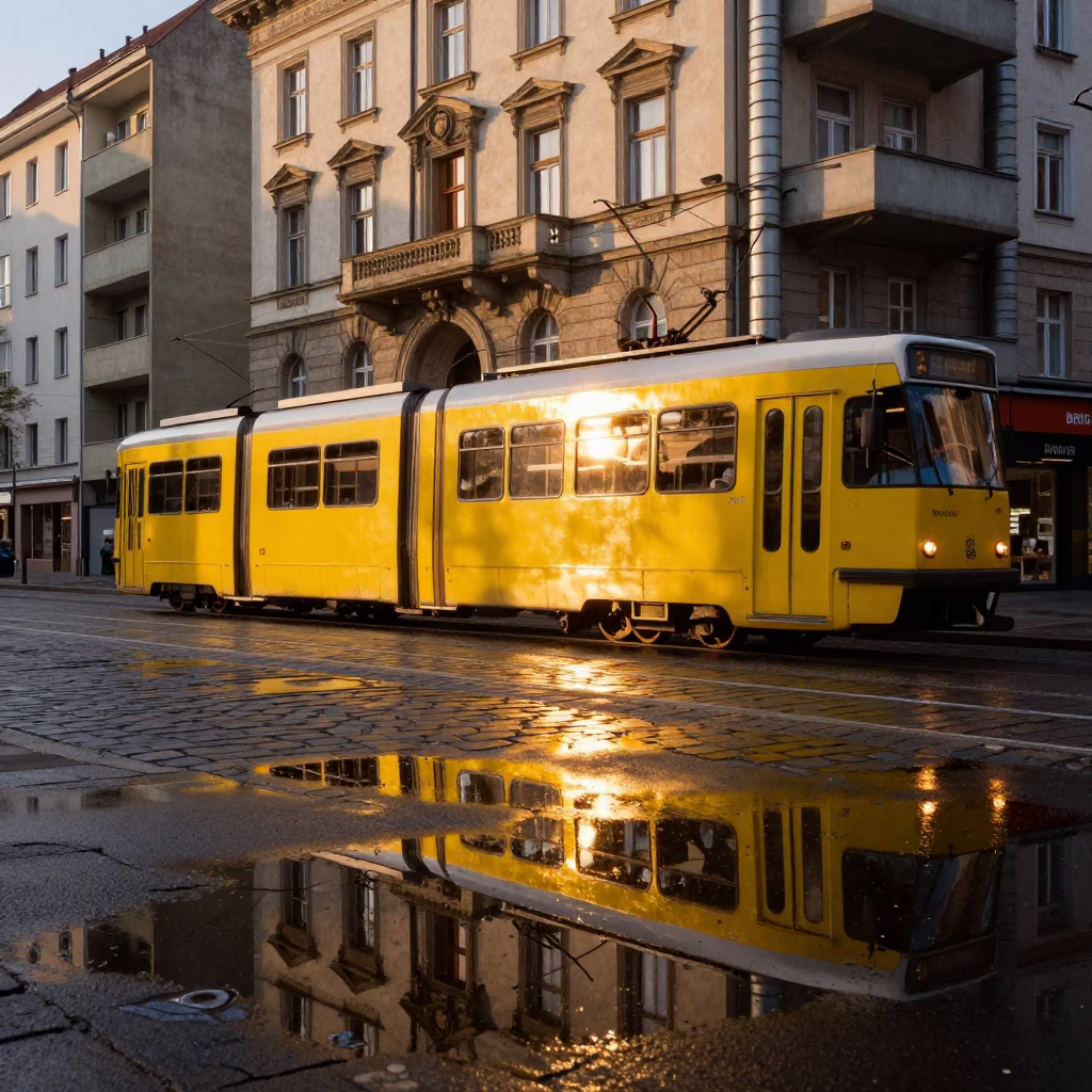 Tram Reflection in Vienna at Sunset Light in in Vienna, Austria