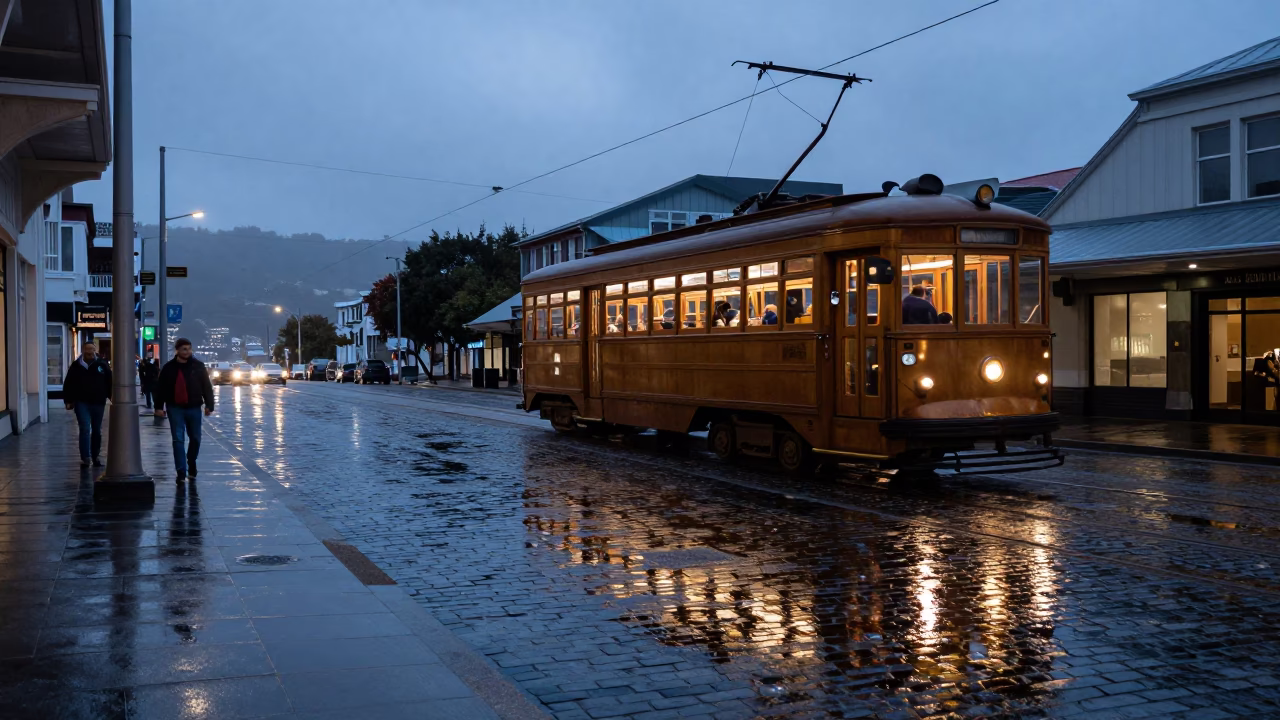 Tram Reflection in Wellington at Sunrise Light in in Wellington, New Zealand