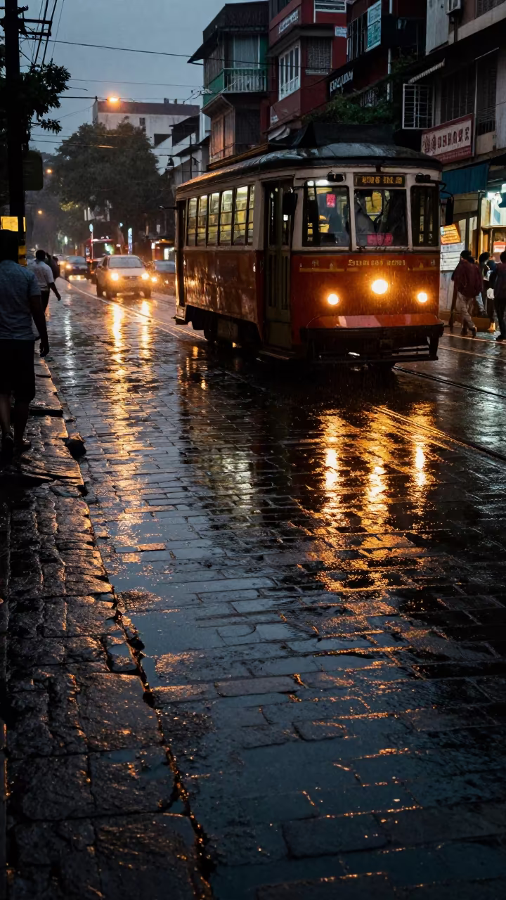 Tram Reflection in Rain on Mumbai Cobblestones in near Chor Bazaar, Mumbai