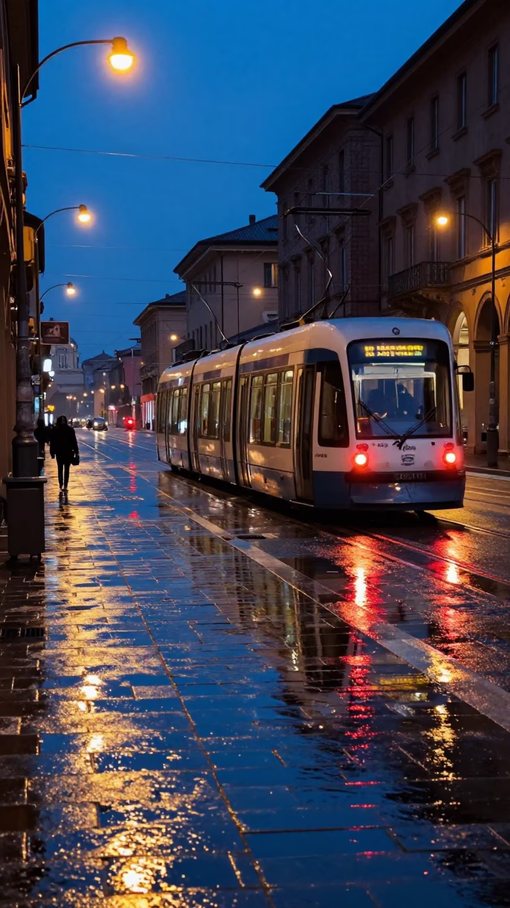 Tram Reflections at Blue Hour in Bologna in in Bologna, Italy