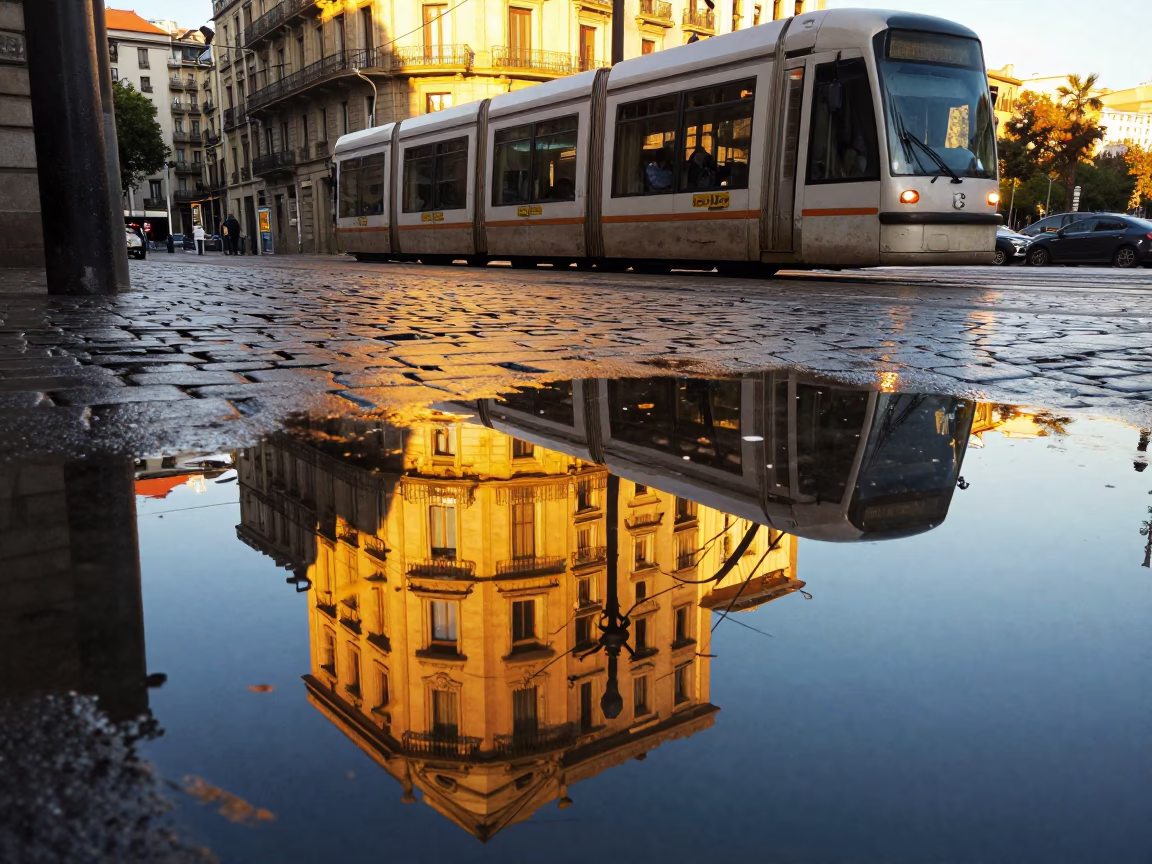 Tram Reflections at Golden Hour in Barcelona in in Barcelona, Spain