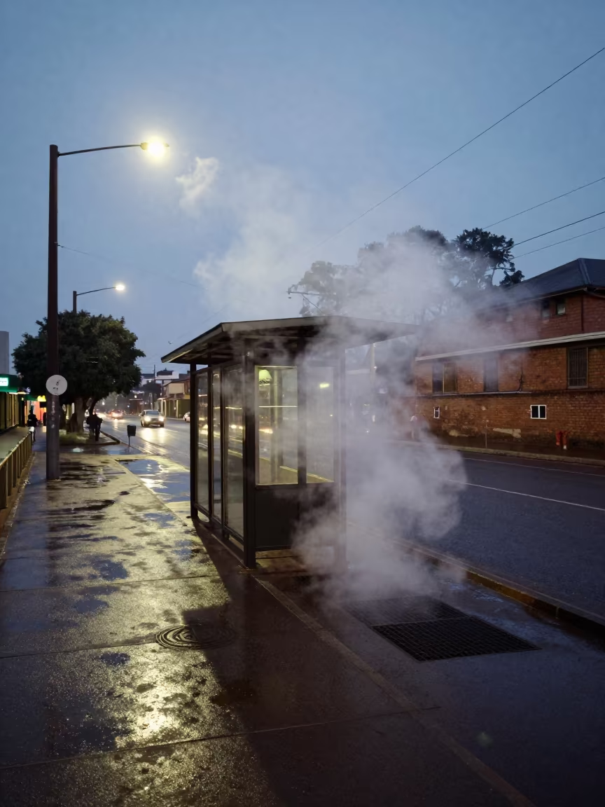Tram Shelter Before Dawn in Mbabane in at a tram stop in Mbabane