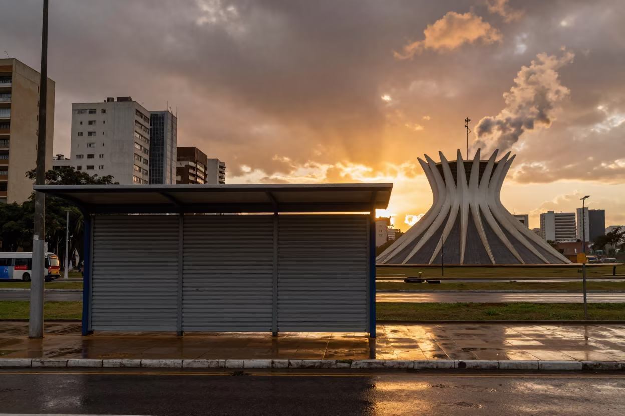 Tram Shelter Near Steam Vents Brasilia Sunset in along a shuttered arcade in Brasilia