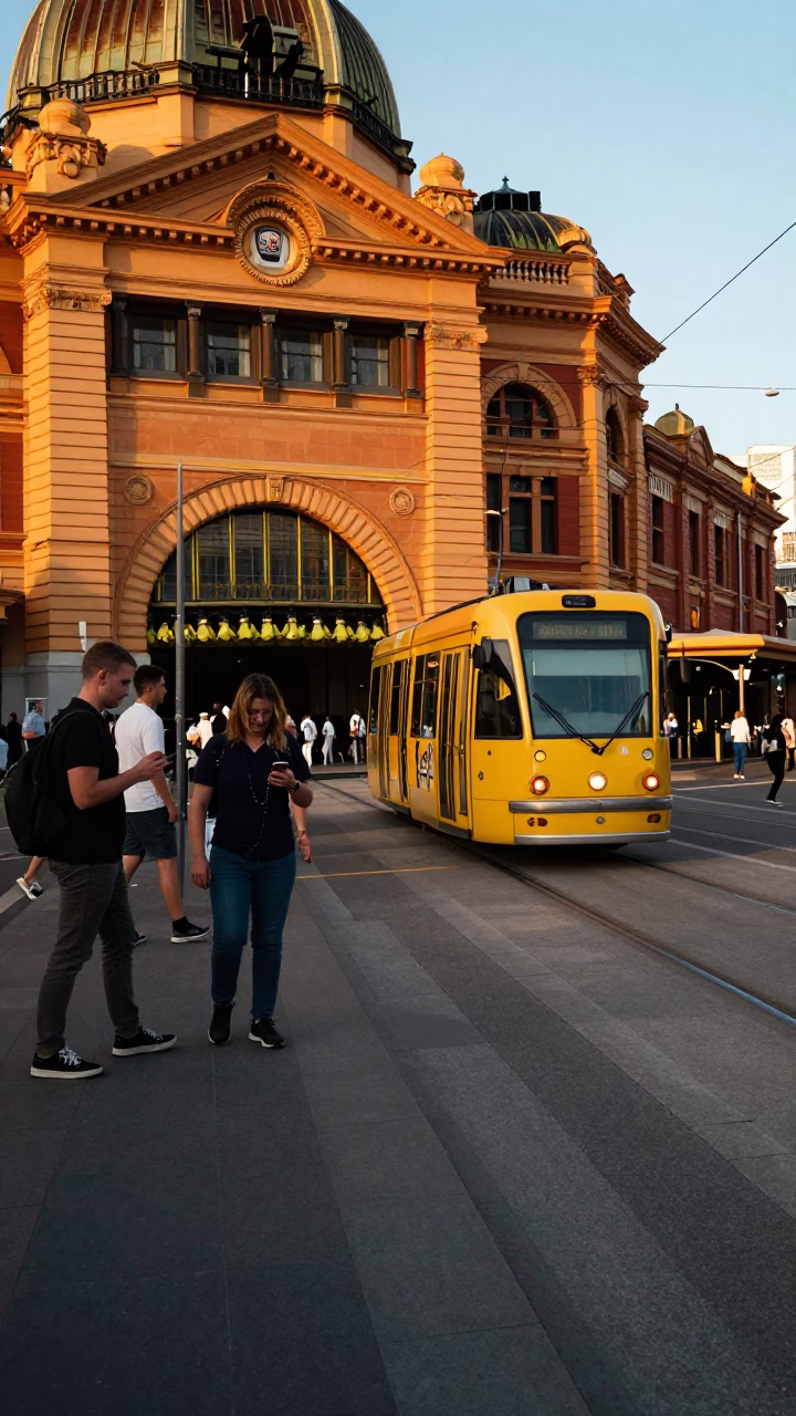Tram Stop at Golden Hour in Melbourne in in Melbourne, Victoria, Australia