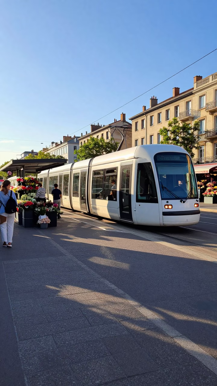 Tram Stop in Lyon at Clear Late-afternoon Light in in Lyon, France