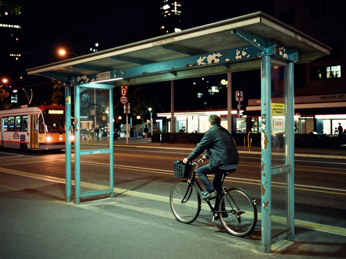 Tram Stop in Melbourne at As City Lights Begin To Glow in in Melbourne, Victoria, Australia