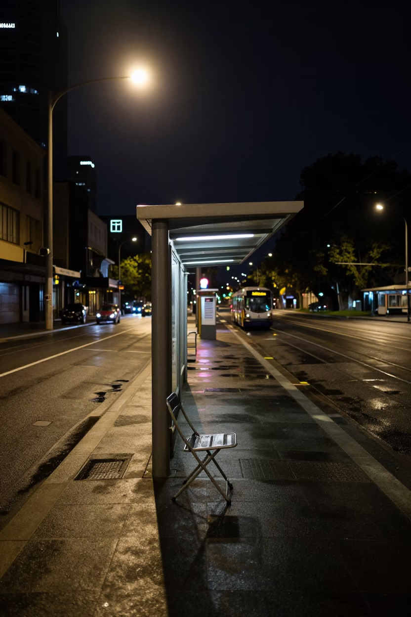 Tram Stop in Melbourne at Deep In The Night Light in in Melbourne, Victoria, Australia