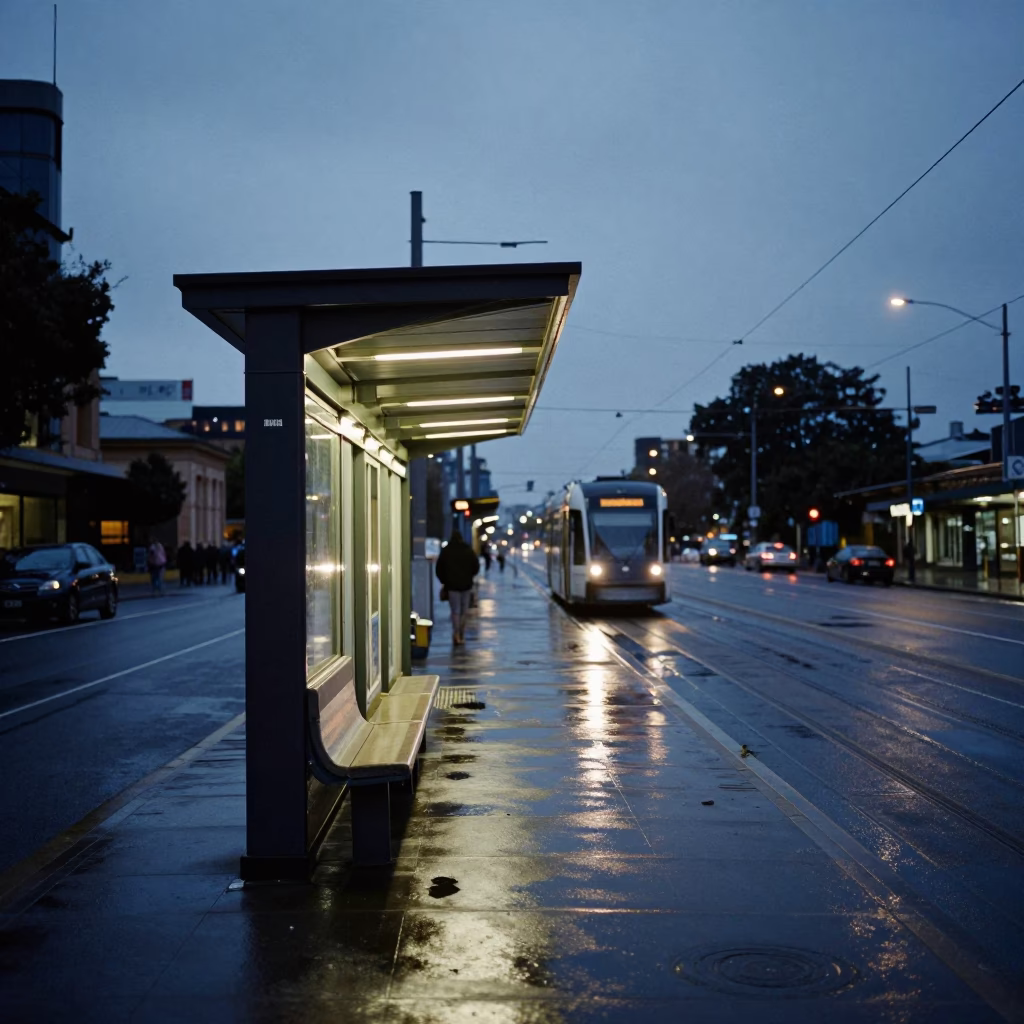 Tram Stop in Melbourne at The Still Hours Before Dawn Light in in Melbourne, Victoria, Australia