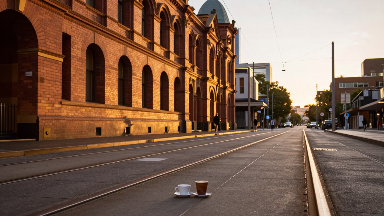Tram Tracks And Coffee Cups in Melbourne in in Melbourne, Victoria, Australia