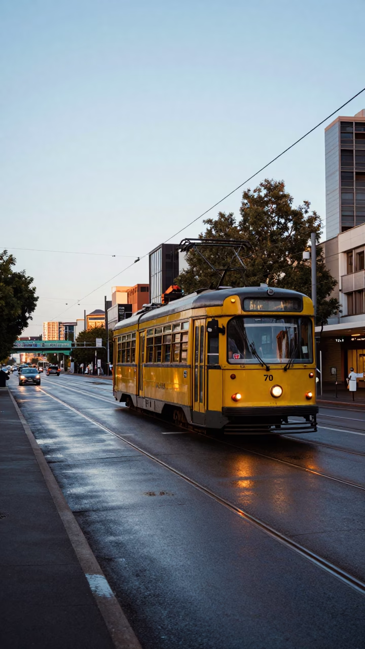 Tram Tracks in Melbourne at First Light Of Dawn in in Melbourne, Victoria, Australia