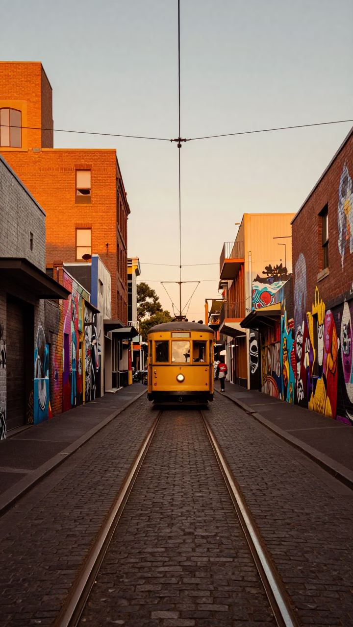 Tram Tracks in Melbourne at Honeyed Evening Light in in Melbourne, Victoria, Australia