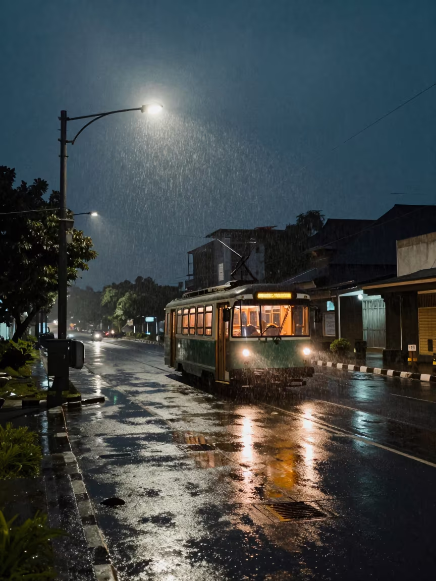 Tram Turning Night Corner Sulawesi Rain in in Sulawesi
