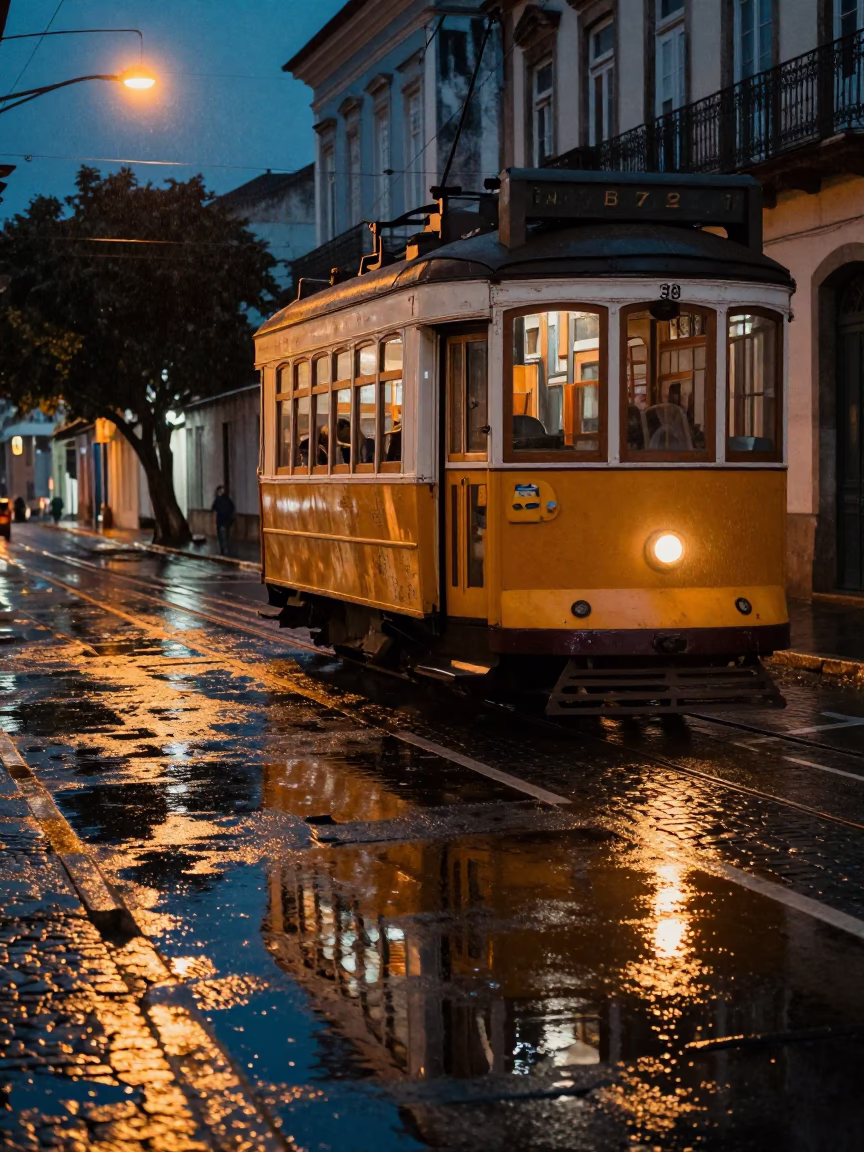 Tramcar at The Predawn Darkness Light in Salvador in in Salvador, Brazil