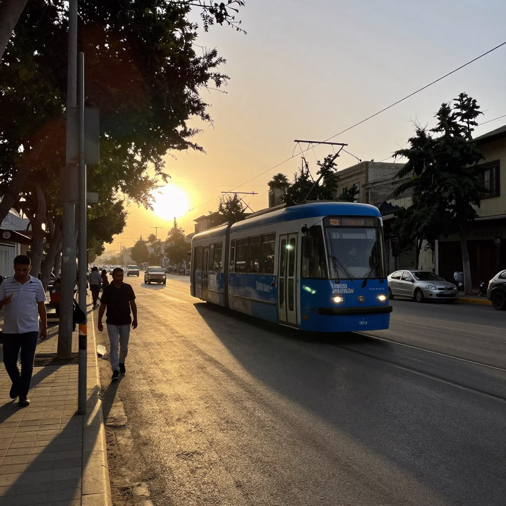 Tramcar in Alexandria at As The Sun Drops Toward The Horizon in in Alexandria, Egypt