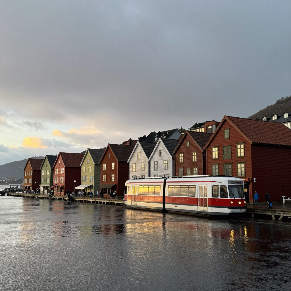 Tramcar in Bergen at Nautical Dawn Light in in Bergen, Norway