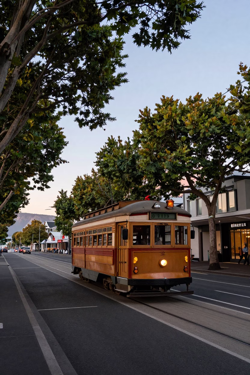 Tramcar in Christchurch at Nautical Dawn Light in in Christchurch, New Zealand