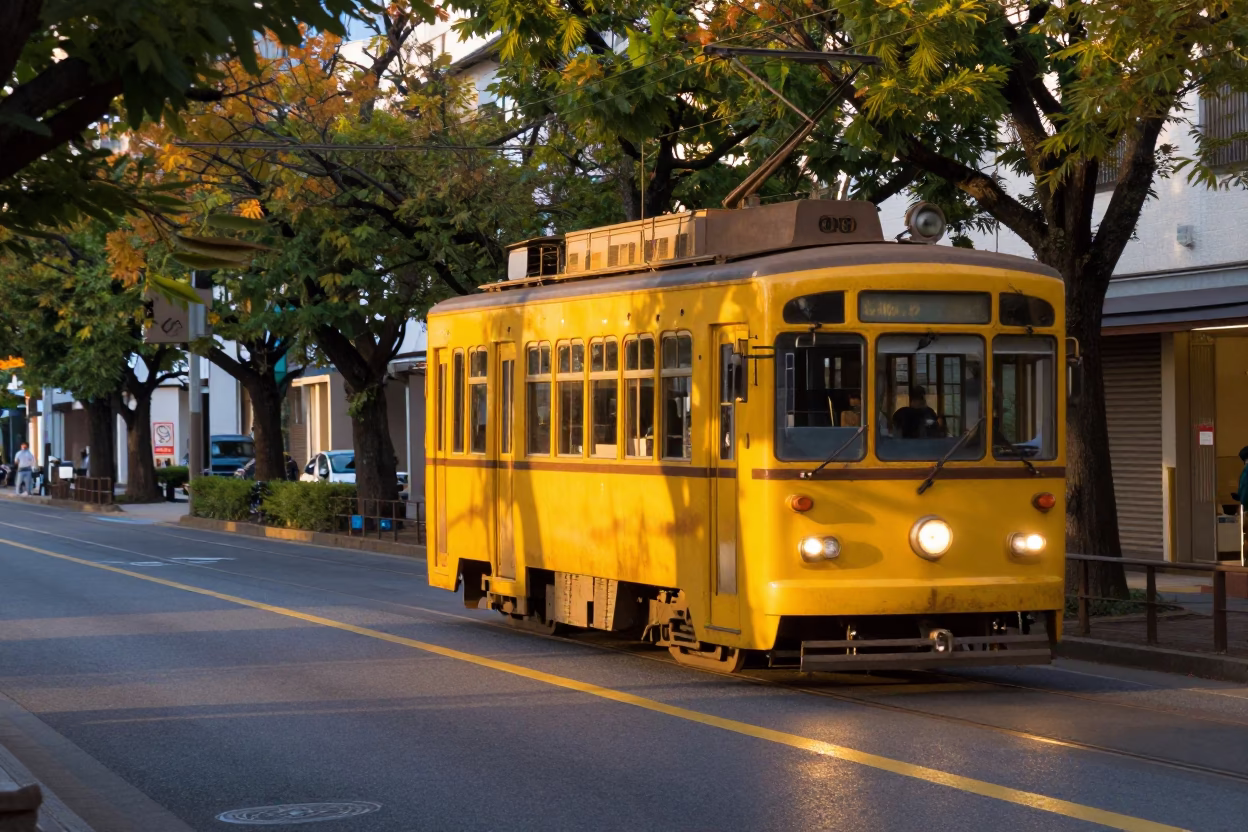 Tramcar in Fukuoka at Honeyed Evening Light in in Fukuoka, Japan