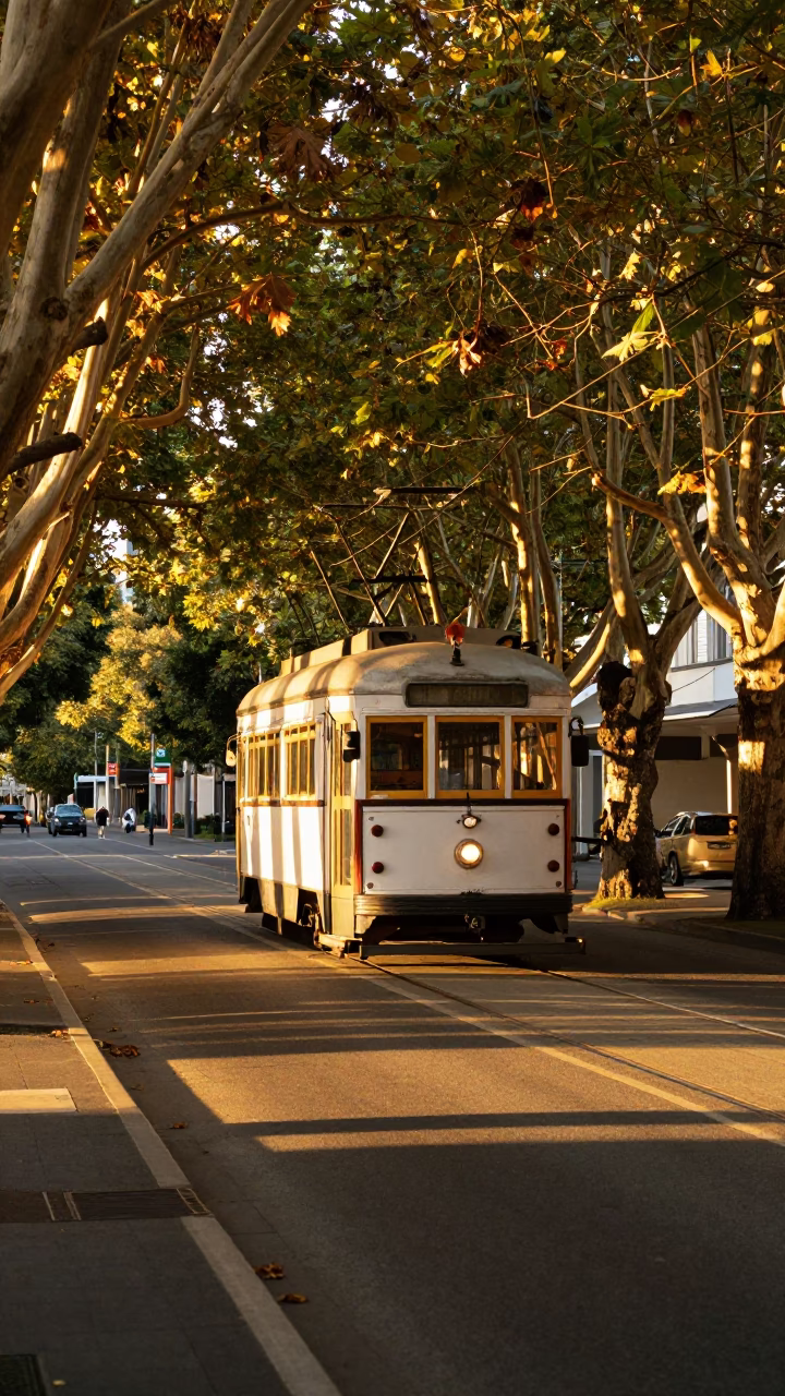 Tramcar on tree-lined boulevard in Christchurch New Zealand honeyed evening light in in Christchurch, New Zealand