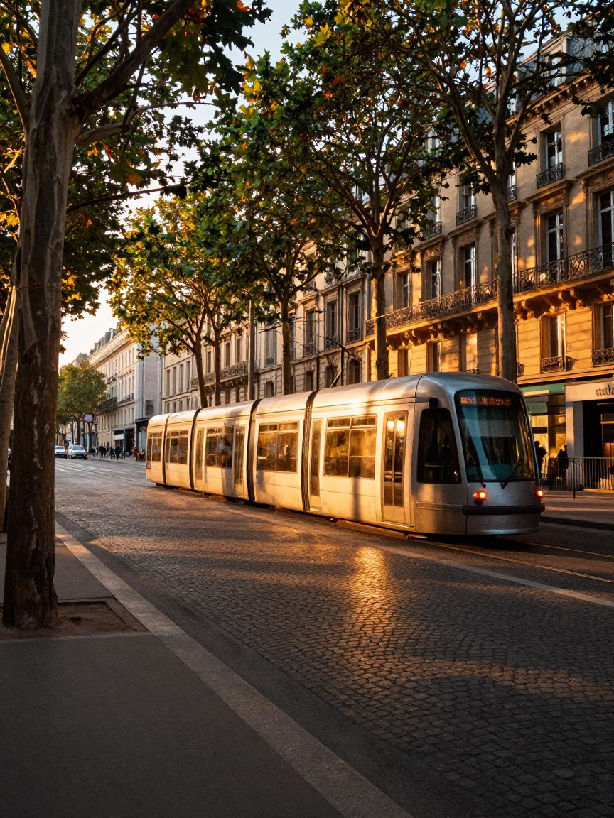 Tramcar Passing Tree-Lined Boulevard in Paris France During Honeyed Evening Light in in Paris, France