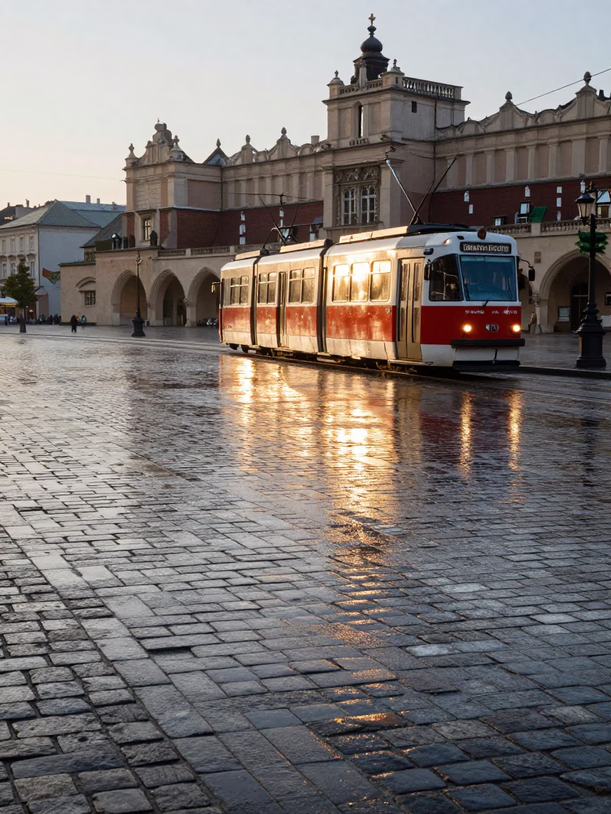 Tramcar Reflected in Krakow at As First Light Reaches The Scene in in Krakow, Poland