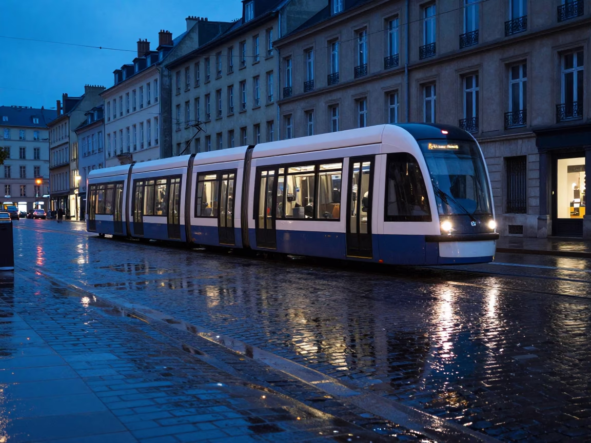 Tramcar Reflected in Rain on Cobblestones at Evening in Lyon France in in Lyon, France