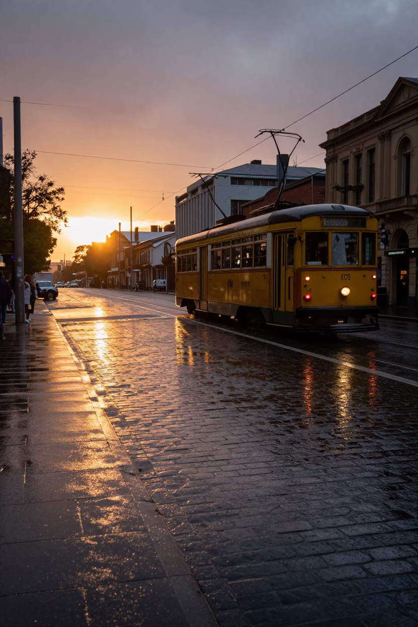 Tramcar Reflected in Rain on Cobblestones in Melbourne Victoria Australia at Sunset in in Melbourne, Victoria, Australia