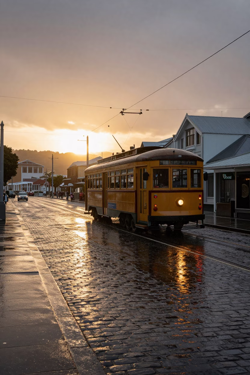 Tramcar Reflected in Rain on Cobblestones Wellington New Zealand Sunset in in Wellington, New Zealand