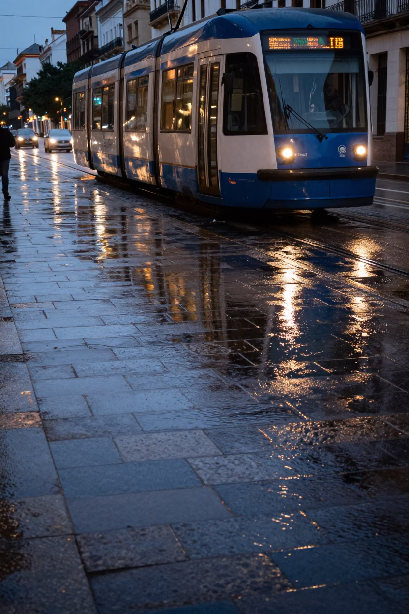 Tramcar Reflected in Valencia at The Early Evening Light in in Valencia, Spain