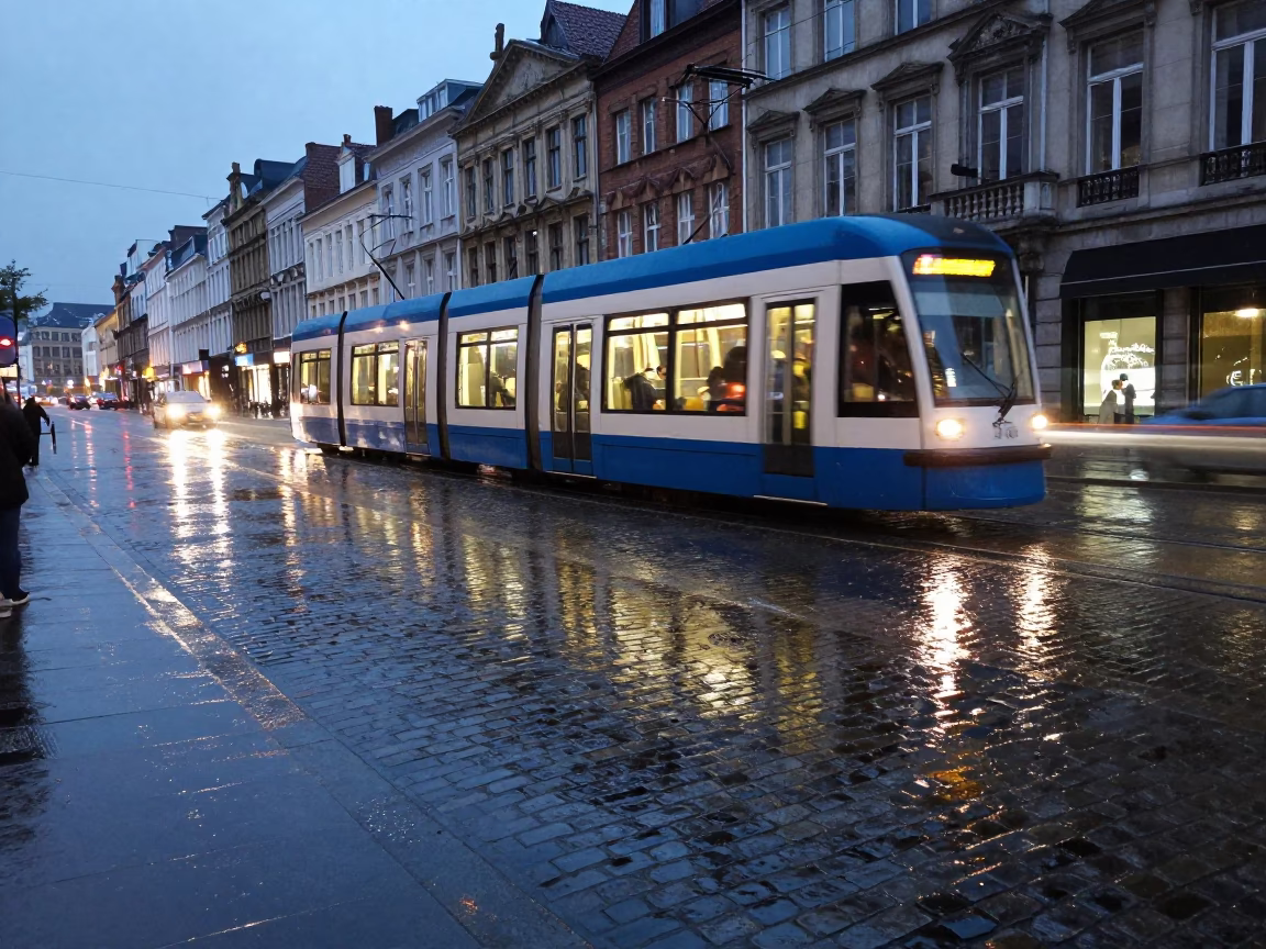 Tramcar Reflection in Evening Rain on Brussels Cobblestones in in Brussels, Belgium