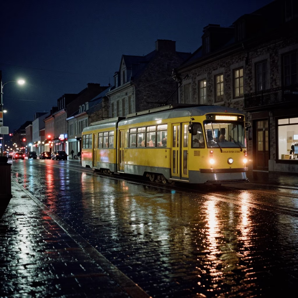 Tramcar Reflection in Quebec City at The Deepest Night Sky Light in in Quebec City, Quebec, Canada