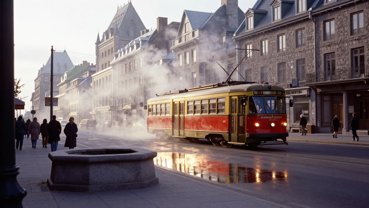 Tramcar Reflection in Quebec City at The Early Morning Light in in Quebec City, Quebec, Canada
