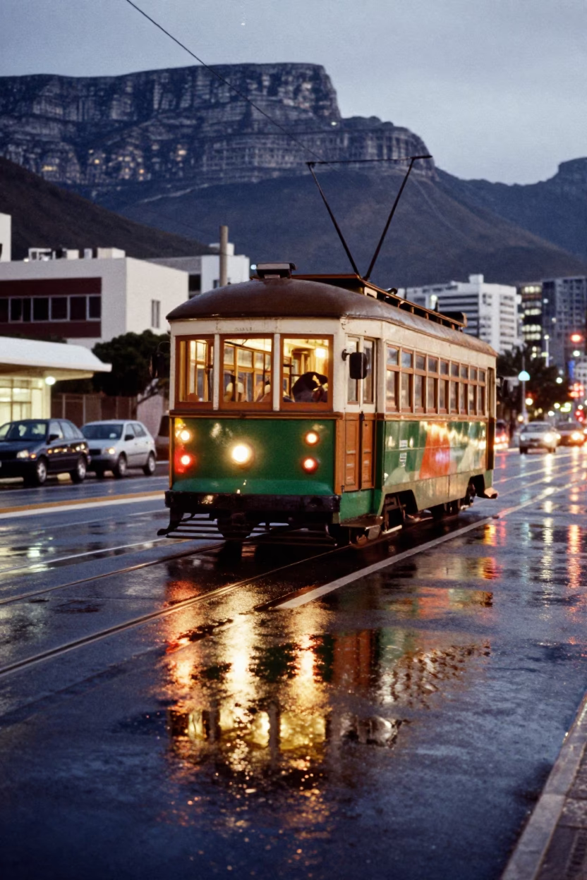 Tramcar Reflections in Cape Town at As City Lights Begin To Glow in in Cape Town, South Africa