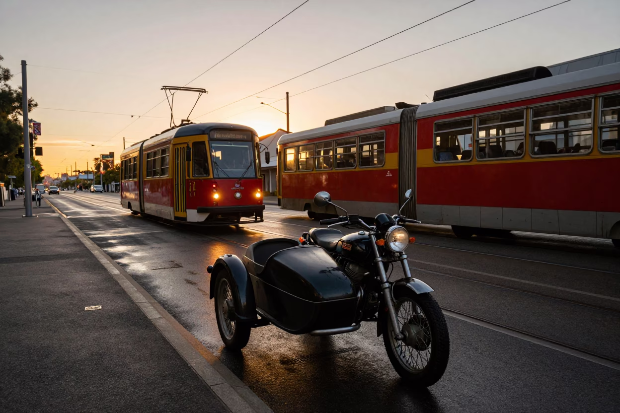 Trams at As The Sun Drops Toward The Horizon in Melbourne in in Melbourne, Victoria, Australia